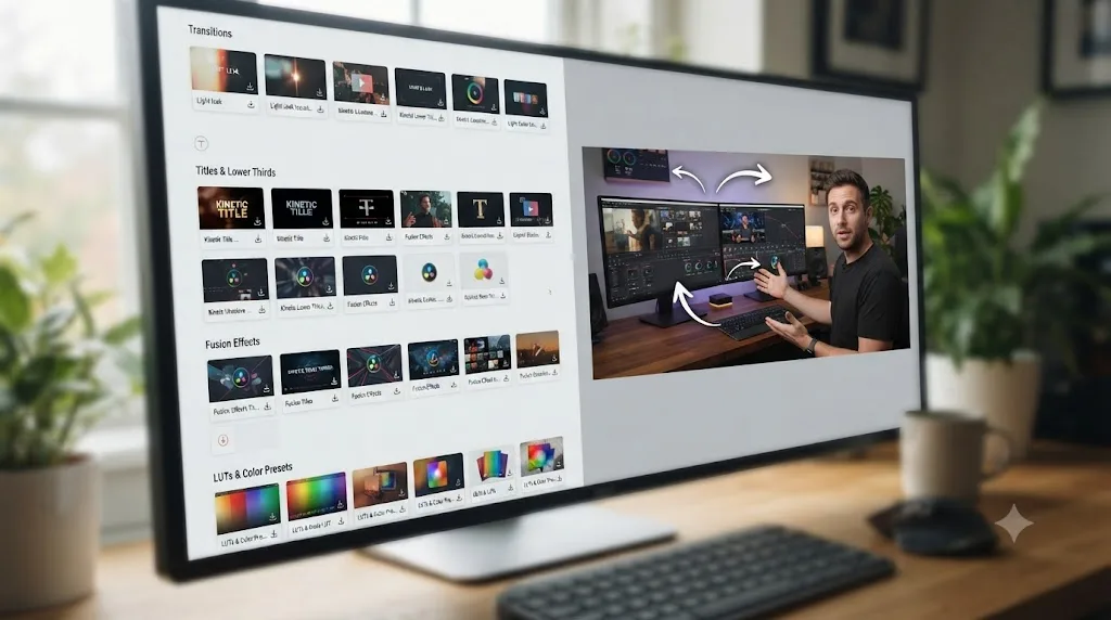 Illustration of a grid of free downloadable DaVinci Resolve assets and presets next to a tutorial video thumbnail explaining how they work