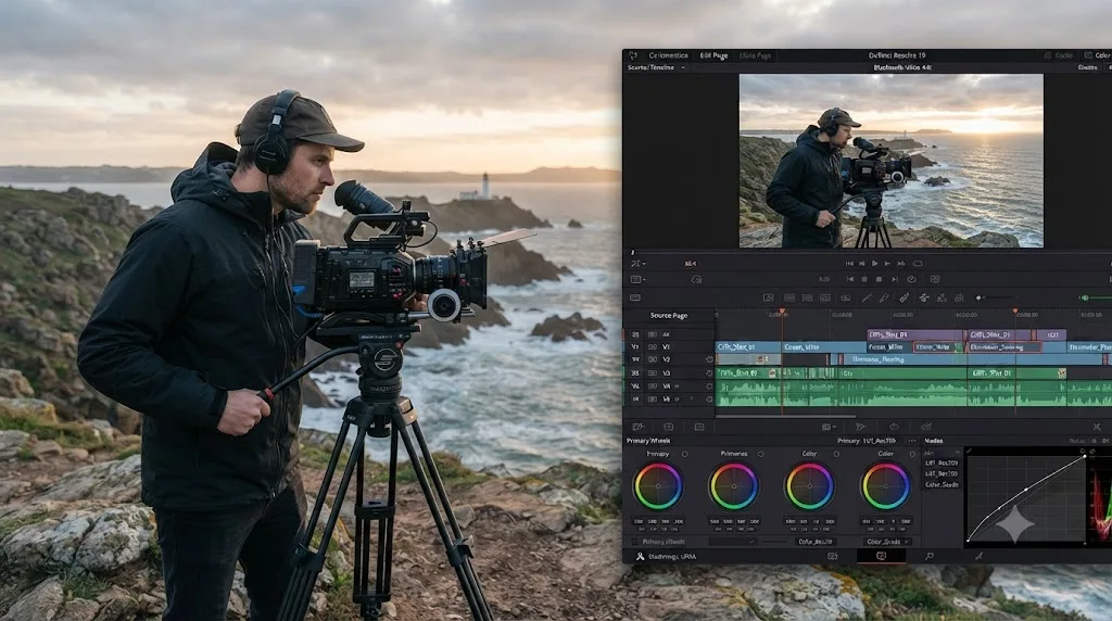Illustration of a filmmaker shooting on location with a DaVinci Resolve timeline superimposed showing the same footage being cut and graded