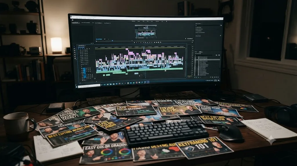 Illustration of a stalled, half-finished DaVinci Resolve project surrounded by a scattered pile of watched tutorial thumbnails from several different creators