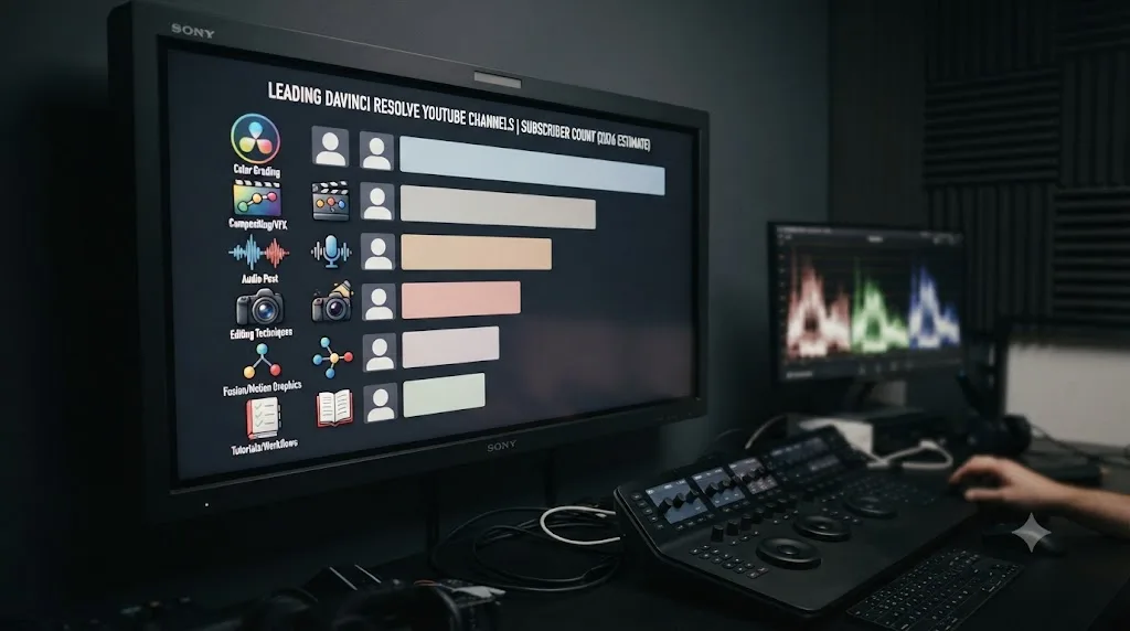 Illustration of a ranked bar chart comparing DaVinci Resolve YouTube channel subscriber counts, each paired with a specialty icon