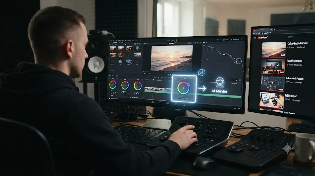 Illustration of an AI tutor overlay pointing at a control inside a live DaVinci Resolve project, next to a row of paused YouTube tutorial thumbnails