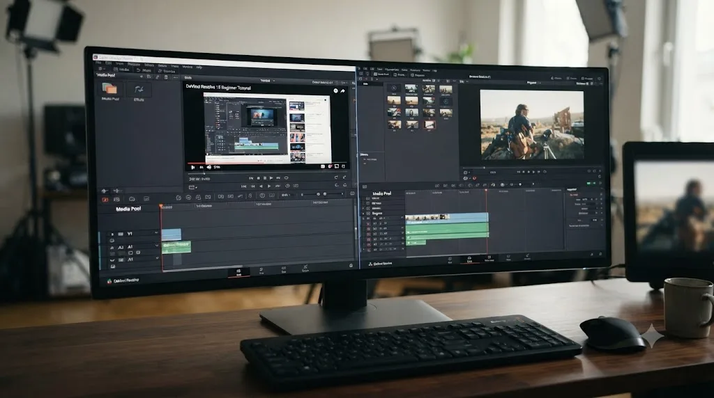Illustration of a DaVinci Resolve interface transitioning from an older layout to the current one, with a YouTube tutorial frozen on the outdated side
