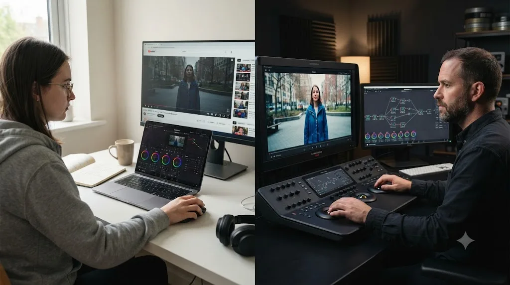 Illustration contrasting a beginner following a primary color wheel tutorial with a colorist working through an advanced node-based grading breakdown on the same shot