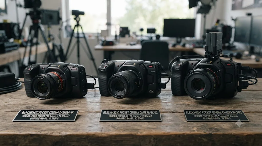 Illustration comparing three Blackmagic Pocket Cinema Camera models with their sensor sizes and dynamic range labeled