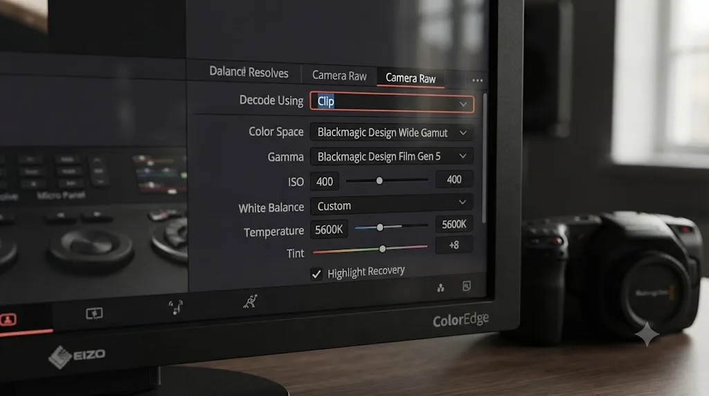 Illustration of DaVinci Resolve's Camera Raw panel with Decode Using set to Clip and color space controls visible