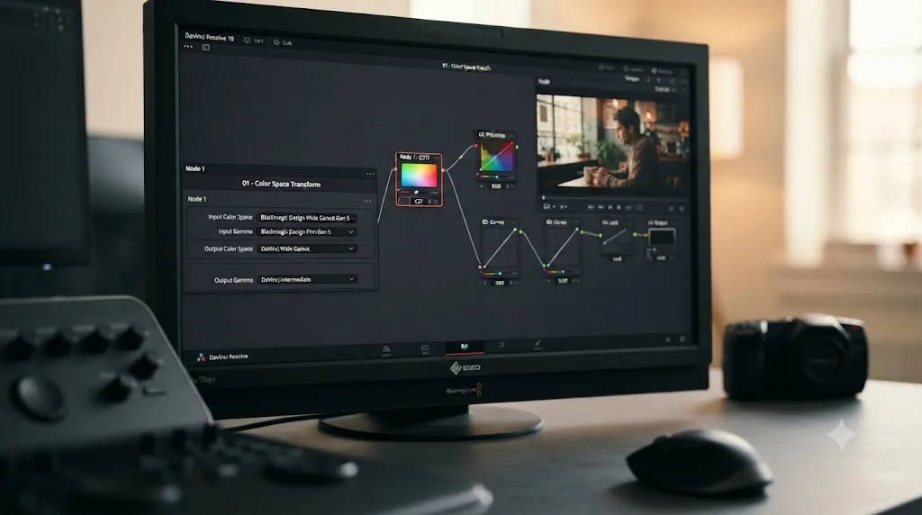 Illustration of a DaVinci Resolve node graph with a Color Space Transform node as the first node converting Blackmagic Design color science