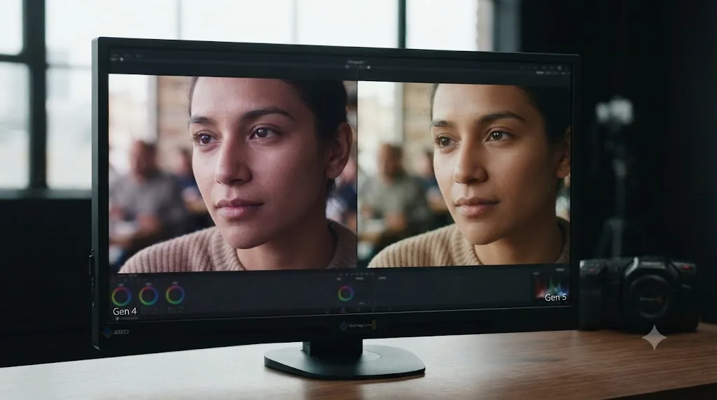 Illustration comparing Gen 4 and Gen 5 Blackmagic Design color science on two similar clips with different skin tones