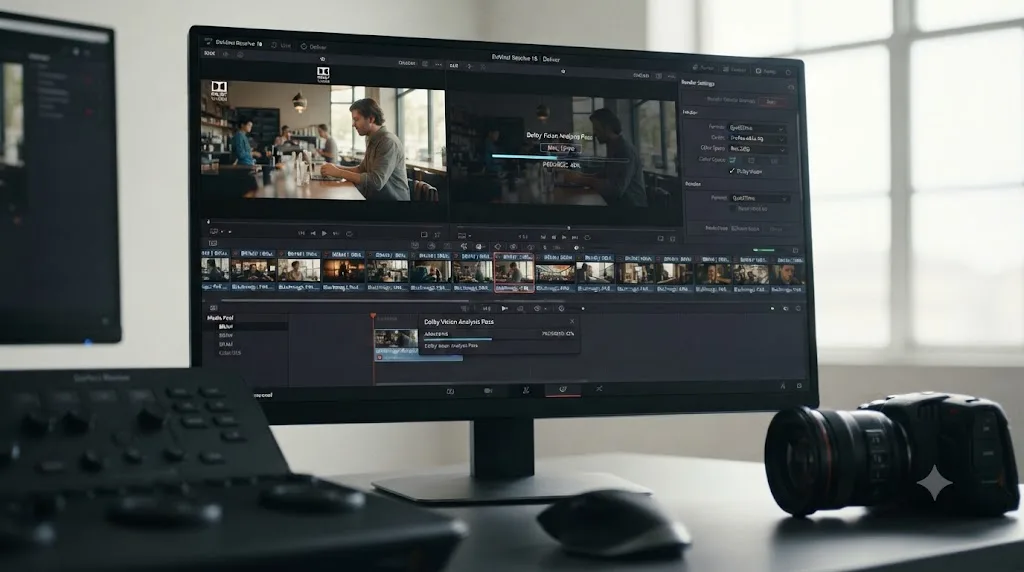 Illustration of a DaVinci Resolve Deliver page running a Dolby Vision analysis pass on Blackmagic Pocket Cinema Camera footage