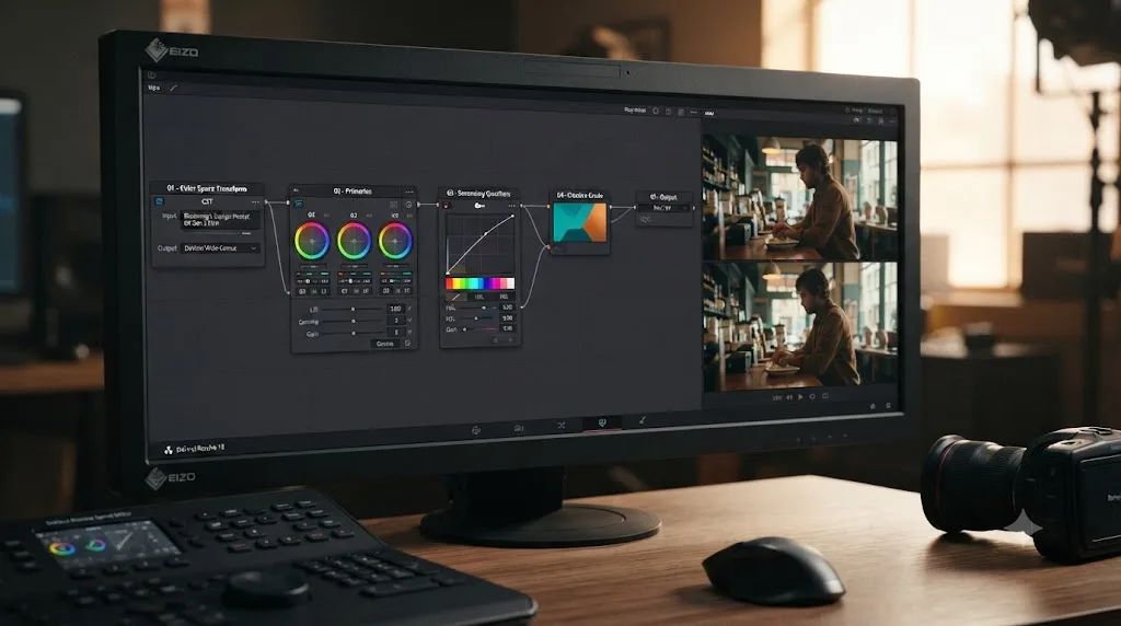 Illustration of a complete DaVinci Resolve node tree for grading Blackmagic Pocket Cinema Camera footage from normalization to output