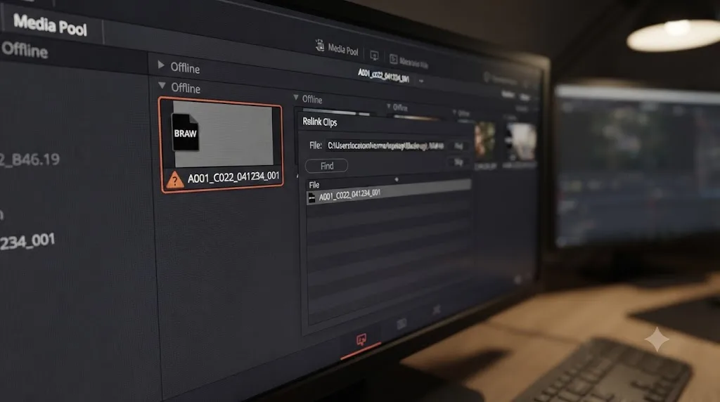 Illustration of DaVinci Resolve's Media Pool showing an offline Blackmagic RAW clip with the relink dialog open