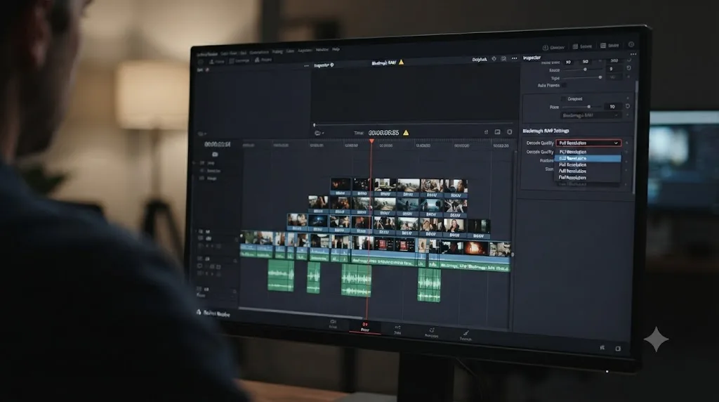 Illustration of a DaVinci Resolve timeline stuttering during 6K Blackmagic RAW playback with a Decode Quality setting visible