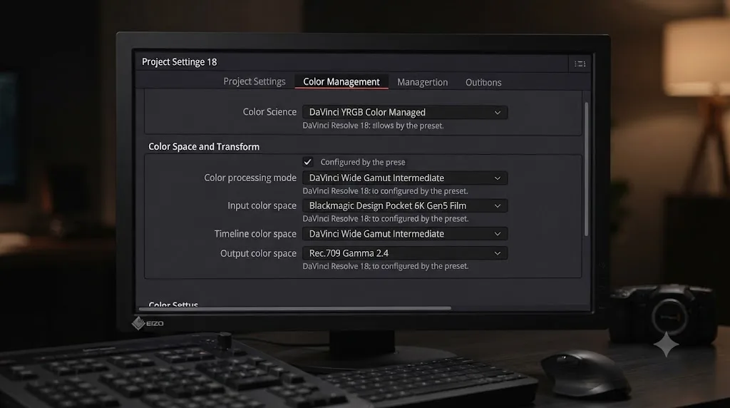 Illustration of DaVinci Resolve's Color Management project settings panel with DaVinci Wide Gamut Intermediate selected
