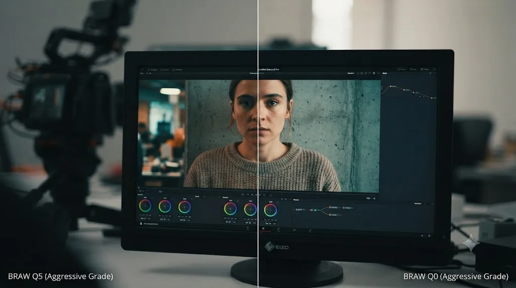 Illustration comparing Blackmagic RAW Q5 and Q0 quality presets under an aggressive color grade push
