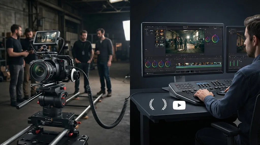 Illustration of a single-camera short film workflow using a Blackmagic Pocket Cinema Camera 6K Pro and Resolve Color Management