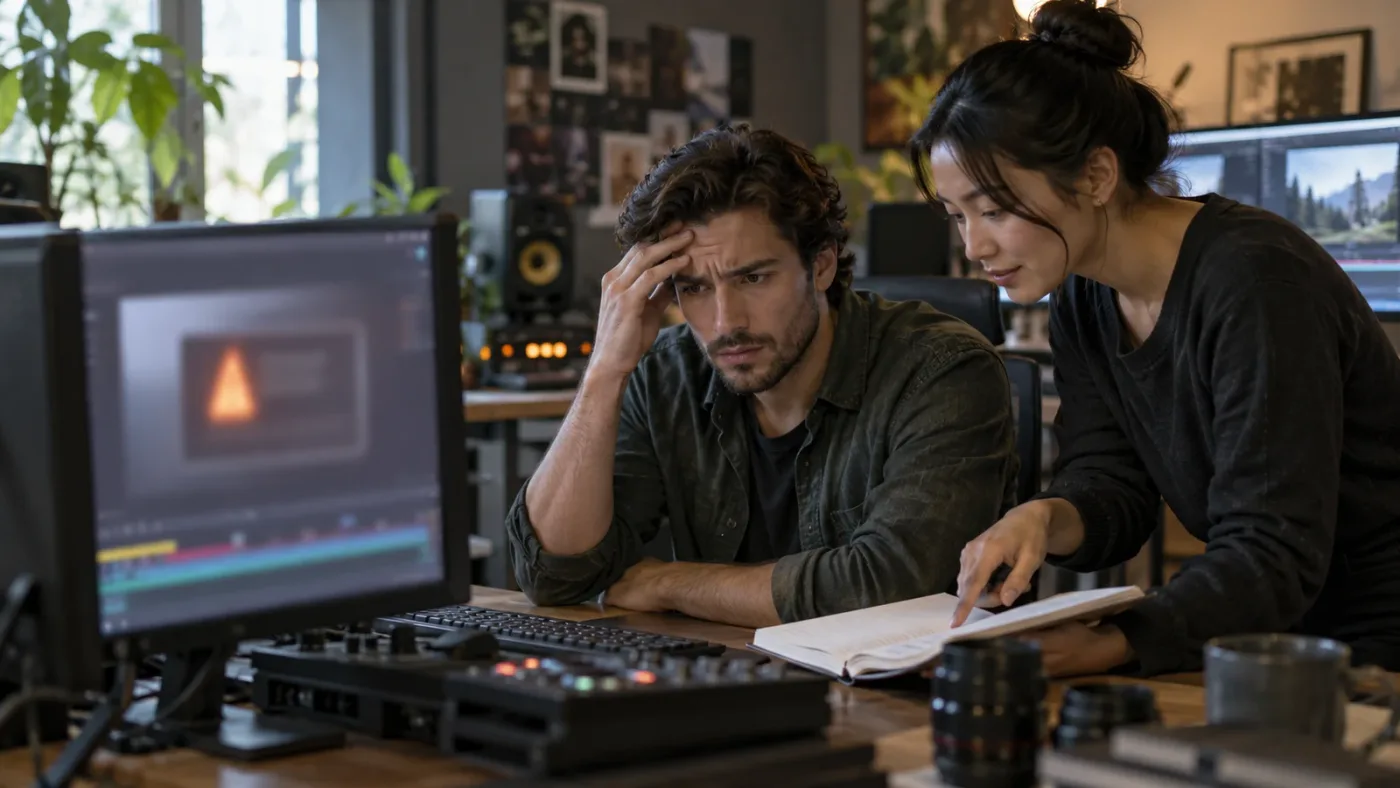 Illustration of an editor asking for help with a DaVinci Resolve error while an on-screen tutor points toward a control
