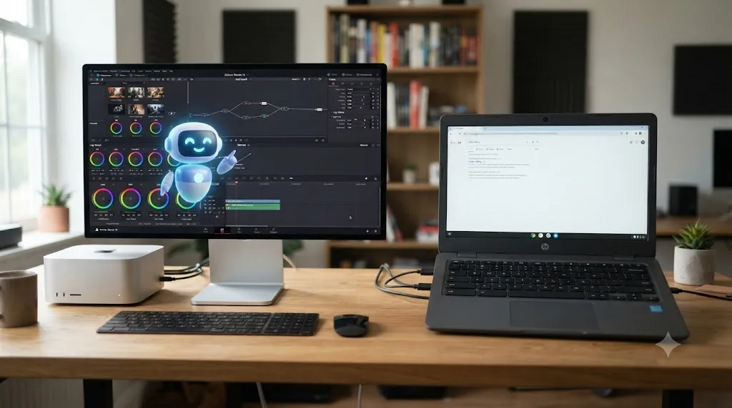 Illustration contrasting a Mac desktop with an AI assistant pointing at DaVinci Resolve controls against a Chromebook showing only a plain browser with no assistant