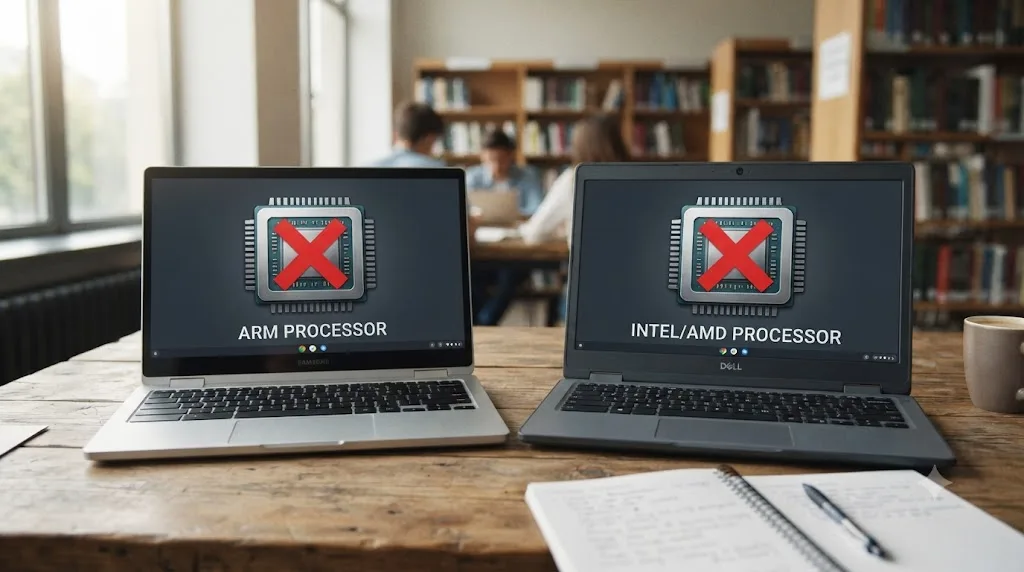 Illustration of two Chromebooks, one ARM-based and one Intel-based, both showing a blocked icon for DaVinci Resolve