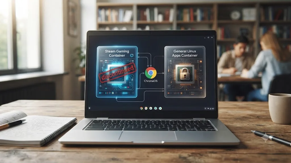 Illustration of two separate software containers on a Chromebook, one for Steam gaming marked discontinued and one for general Linux apps with restricted GPU access