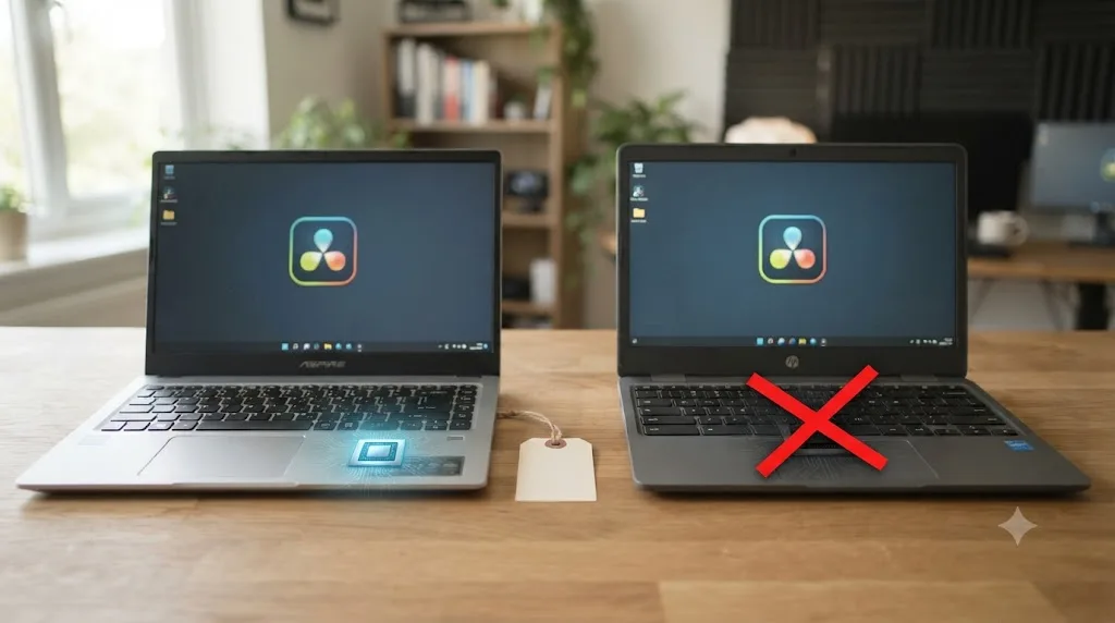 Illustration of a budget laptop with a working GPU next to a Chromebook with a crossed-out GPU icon