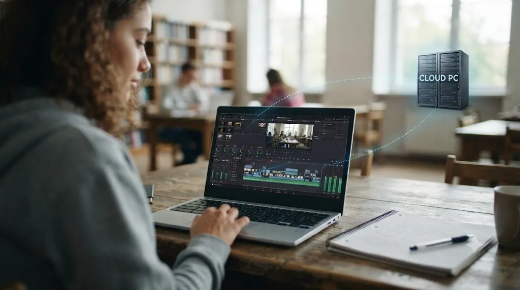 Illustration of a Chromebook displaying a DaVinci Resolve timeline streamed from a remote cloud PC server rack