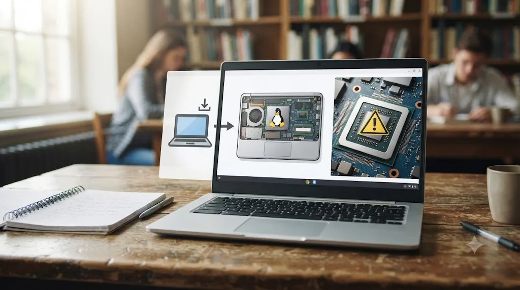 Illustration of the Linux Crostini setup process on a Chromebook ending in a GPU warning icon
