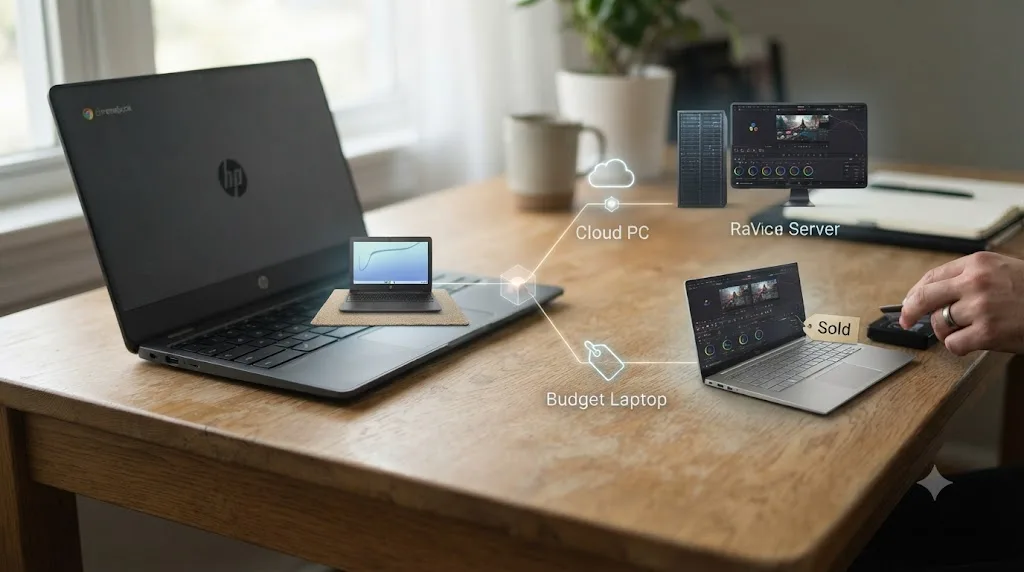 Illustration of a decision flowchart branching from a Chromebook toward either a cloud PC rental or buying a budget laptop