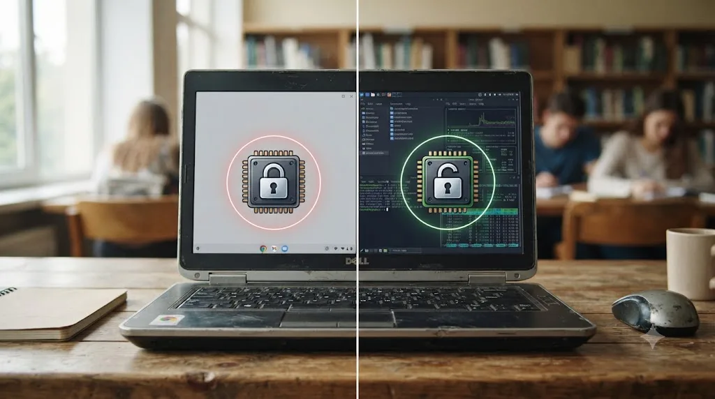 Illustration comparing an old laptop running ChromeOS Flex with locked GPU access against the same laptop running a full Linux desktop with unlocked GPU access