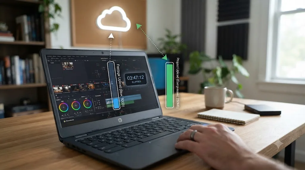 Illustration of a slow footage upload progress bar from a Chromebook to a cloud server compared with a faster upload of a compressed file