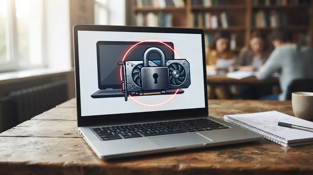 Illustration of a padlock over a graphics card symbolizing restricted GPU access on ChromeOS