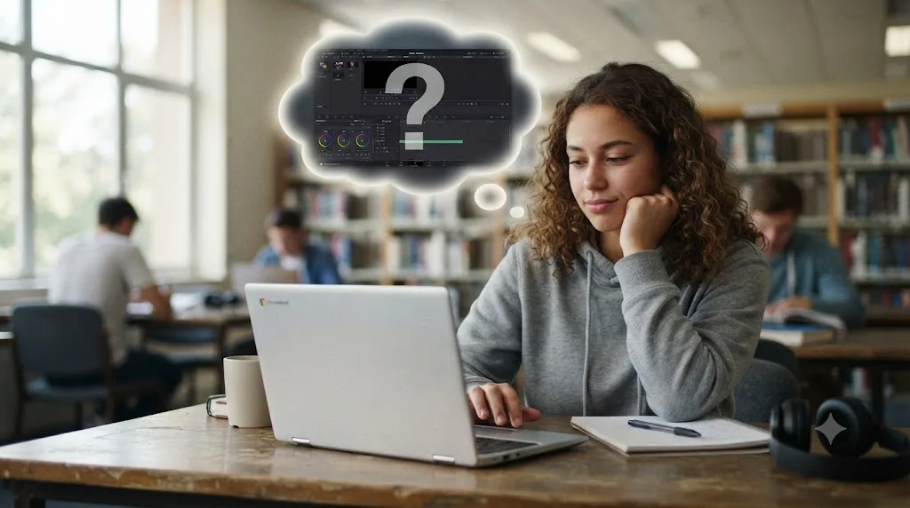 Illustration of a person looking at a Chromebook with a DaVinci Resolve interface shown in a thought bubble above it