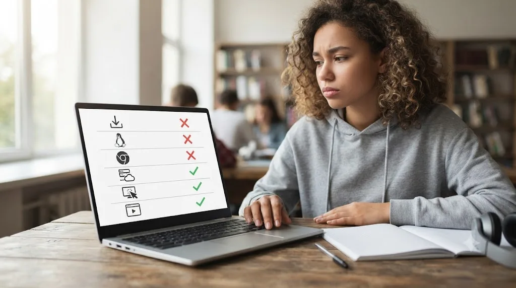 Illustration of a checklist comparing different ways to try running DaVinci Resolve on a Chromebook