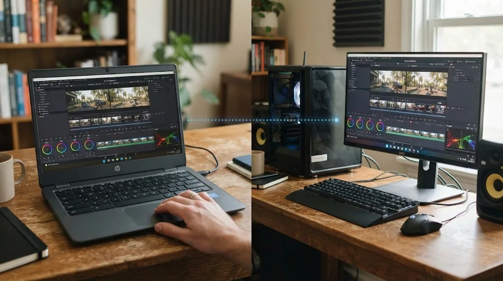 Illustration of a Chromebook remotely controlling a home desktop computer running DaVinci Resolve over a free connection