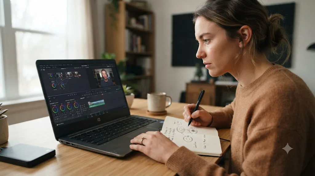 Illustration of a person watching a DaVinci Resolve tutorial on a Chromebook while sketching color grading notes by hand