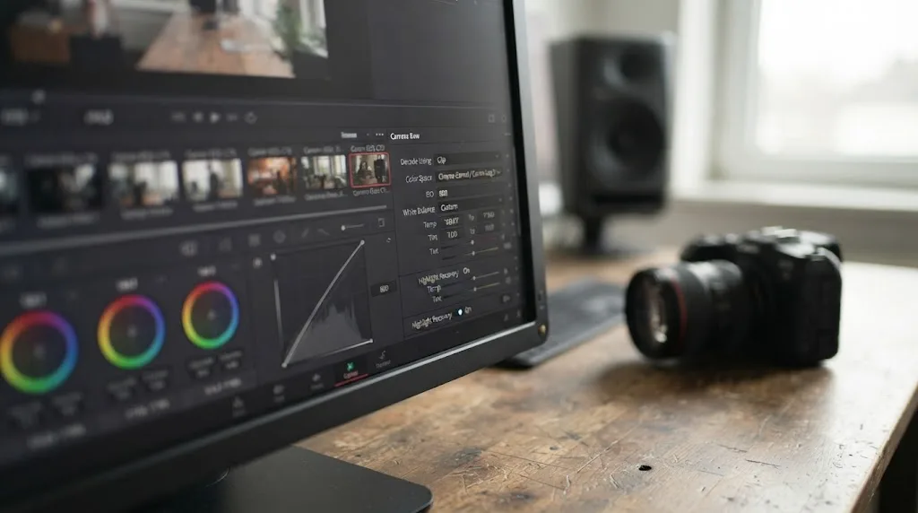 Illustration of DaVinci Resolve's Camera Raw panel with Decode Using set to Clip and Color Space field visible for a Canon RAW clip