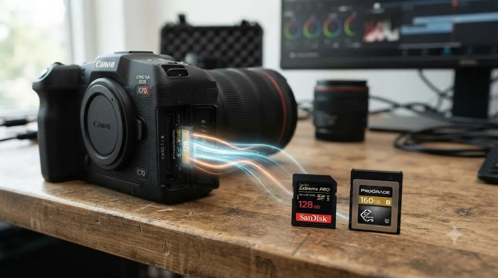 Illustration comparing an SD card and a CFexpress card with Cinema RAW Light data recording to the SD card