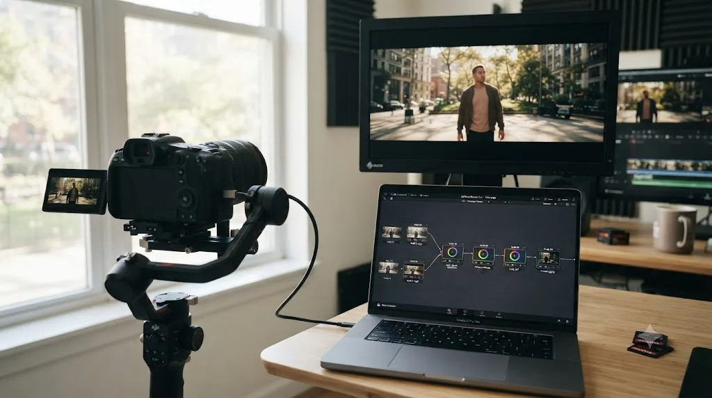Illustration of a Canon C70 cinema camera feeding Cinema RAW Light footage into a DaVinci Resolve color grading node tree