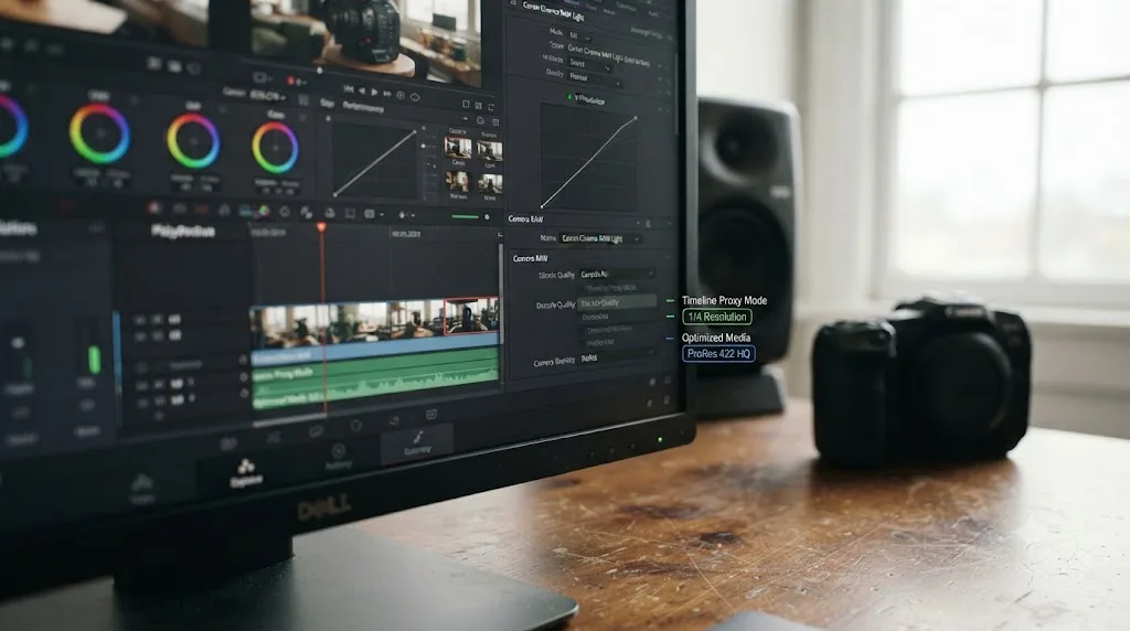 Illustration of a DaVinci Resolve timeline with a grayed-out Decode Quality option and working Timeline Proxy Mode and Optimized Media alternatives