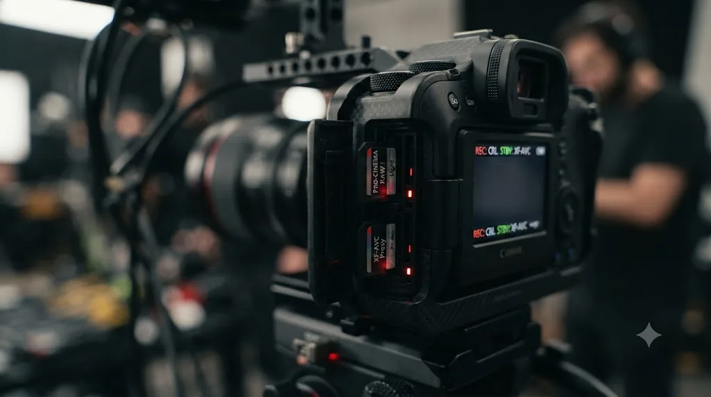Illustration of a Canon C70 camera body with dual SD card slots recording Cinema RAW Light and an XF-AVC proxy simultaneously