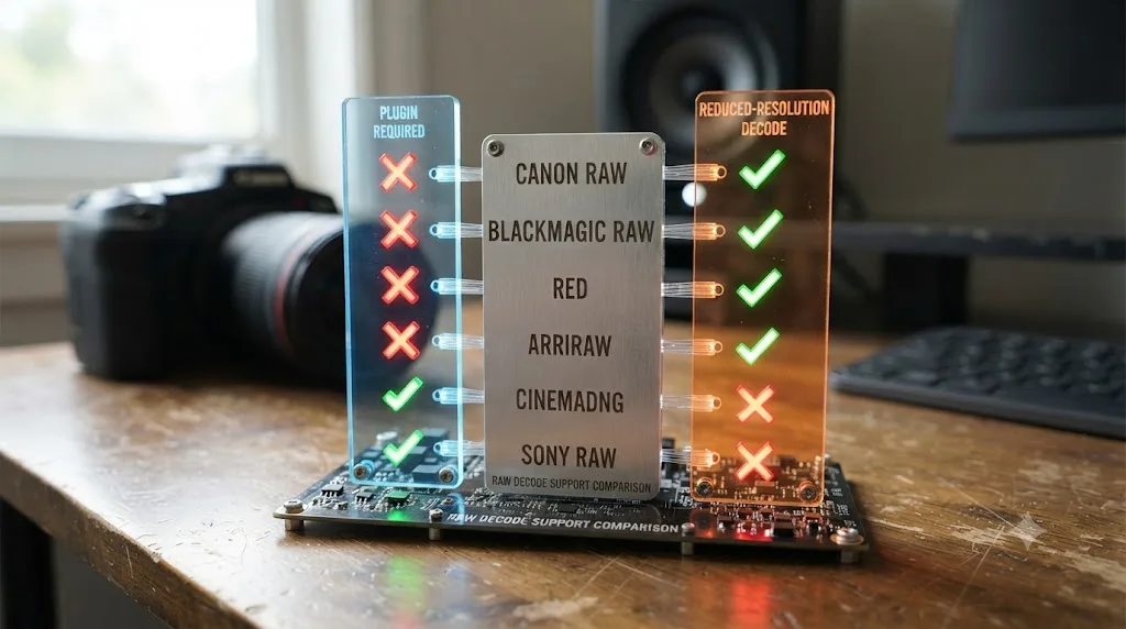 Illustration of a comparison chart showing plugin requirements and reduced-resolution decode support across major RAW formats in DaVinci Resolve