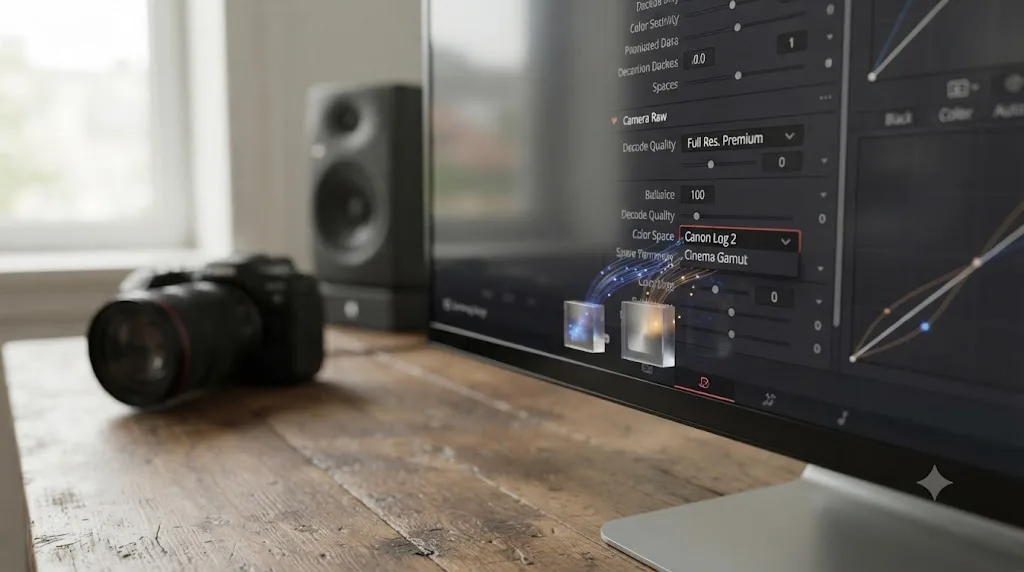 Illustration of a DaVinci Resolve Camera Raw panel showing a mislabeled Color Space tag on a Cinema RAW Light clip