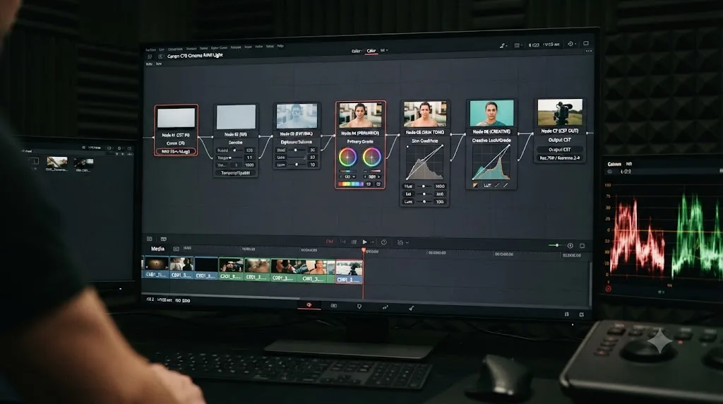 Illustration of a complete DaVinci Resolve node tree for grading Canon C70 Cinema RAW Light footage from normalization to output