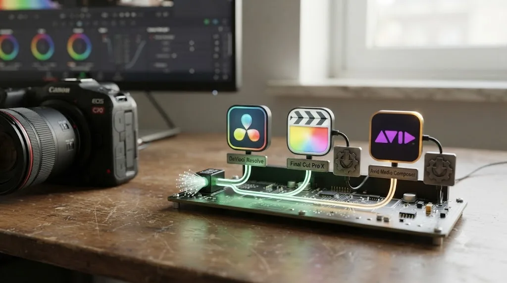 Illustration comparing DaVinci Resolve, Final Cut Pro X, and Avid Media Composer's plugin requirements for Cinema RAW Light