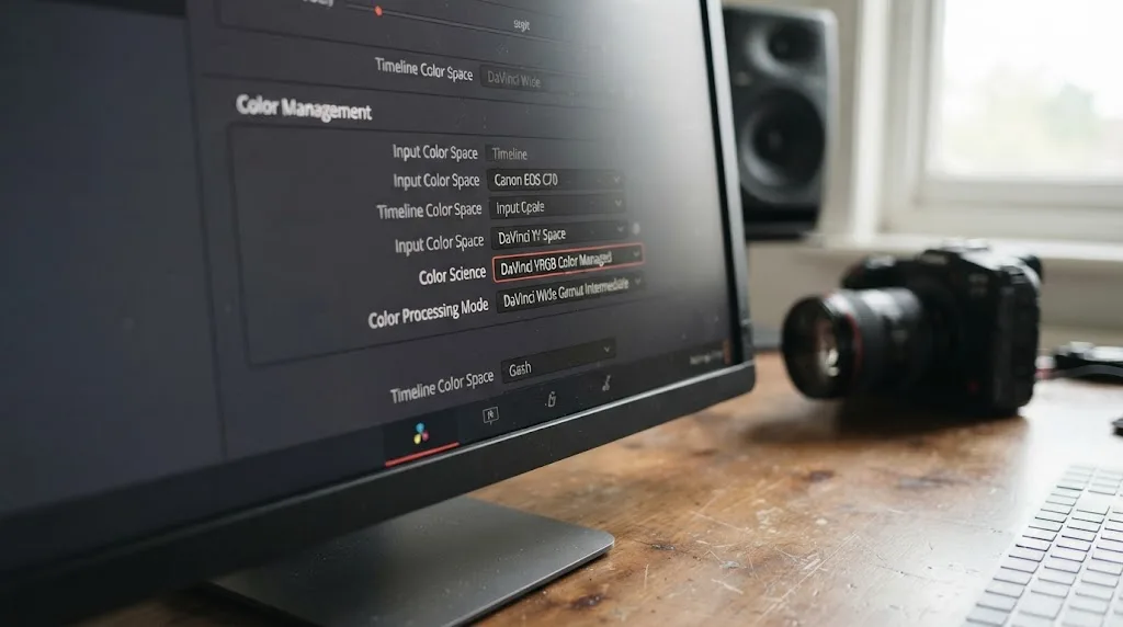 Illustration of DaVinci Resolve's Color Management project settings panel with DaVinci Wide Gamut Intermediate selected