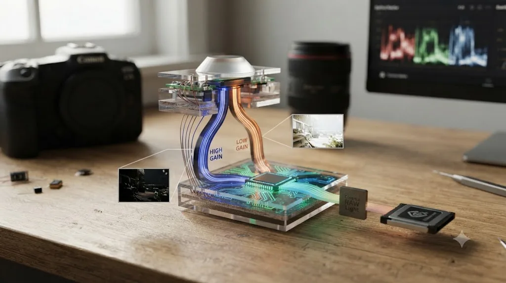 Illustration of a Dual Gain Output sensor pixel combining a shadow-optimized and highlight-optimized readout into one image