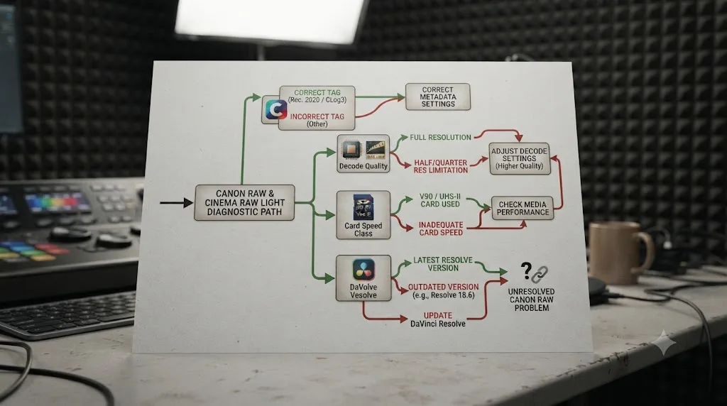 Illustration of a troubleshooting flowchart for diagnosing Canon RAW and Cinema RAW Light problems in DaVinci Resolve