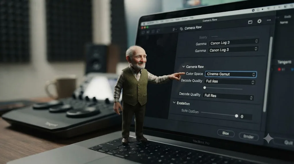 Illustration of the TryUncle assistant pointing at a Color Space field inside a DaVinci Resolve Camera Raw panel on a Mac screen