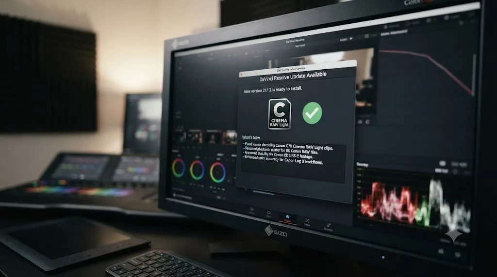 Illustration of a DaVinci Resolve version update notification highlighting Canon RAW decode fixes across point releases