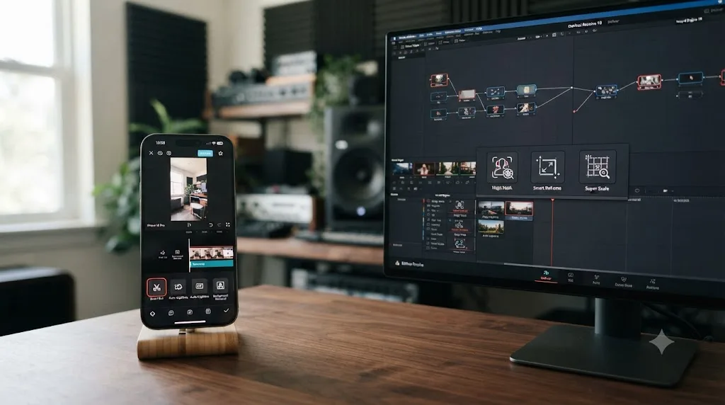 Illustration comparing CapCut's one-tap AI tools to DaVinci Resolve's Neural Engine AI features