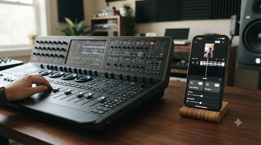 Illustration comparing DaVinci Resolve's Fairlight audio console to CapCut's basic ducking and denoise audio tools