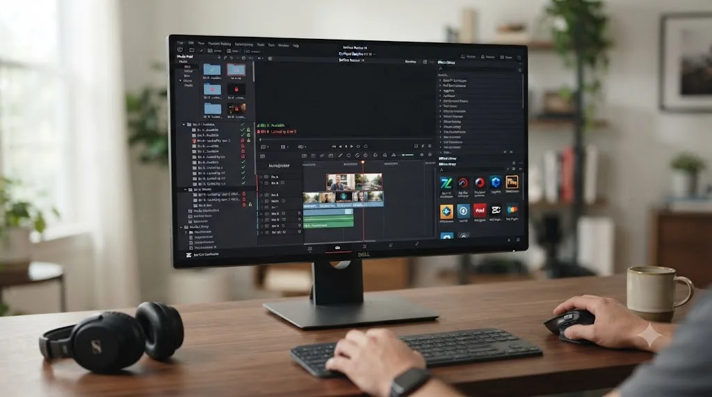 Illustration of DaVinci Resolve's multi-user bin locking alongside third-party OFX plugin icons in the Effects Library